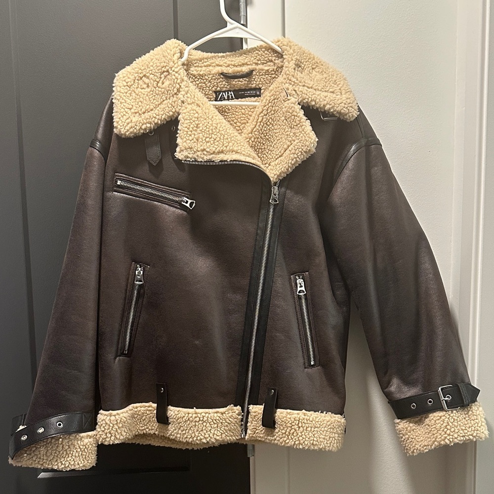 Zara Women's Dark Brown Leather Jacket with Cream Shearling